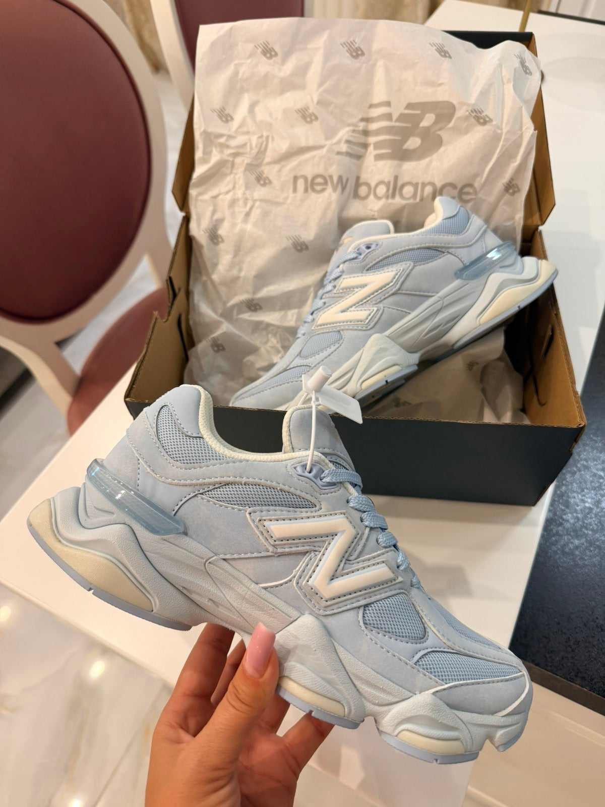 New Balance 9060 in the Sea Salt/Oxford Blue