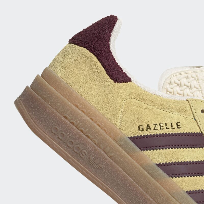 Adidas Gazelle Bold in the "Almost Yellow/Maroon"