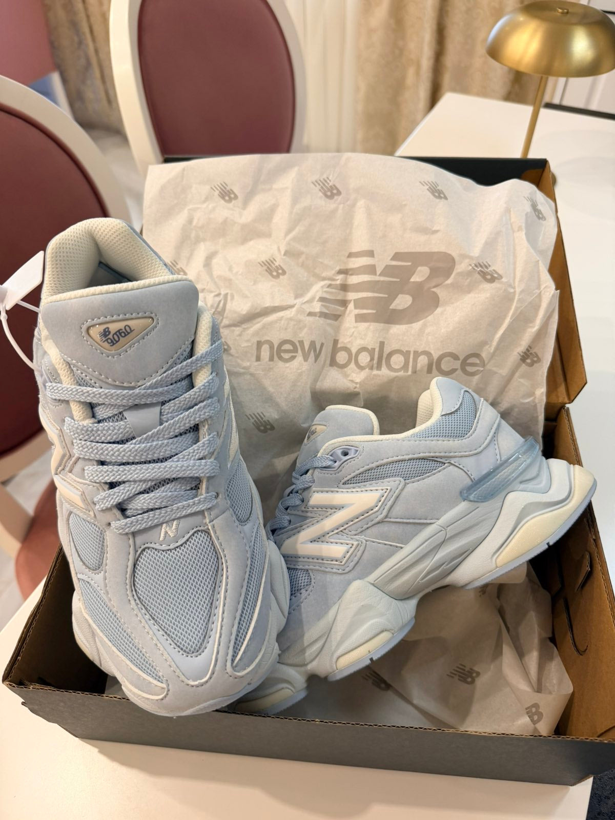 New Balance 9060 in the Sea Salt/Oxford Blue