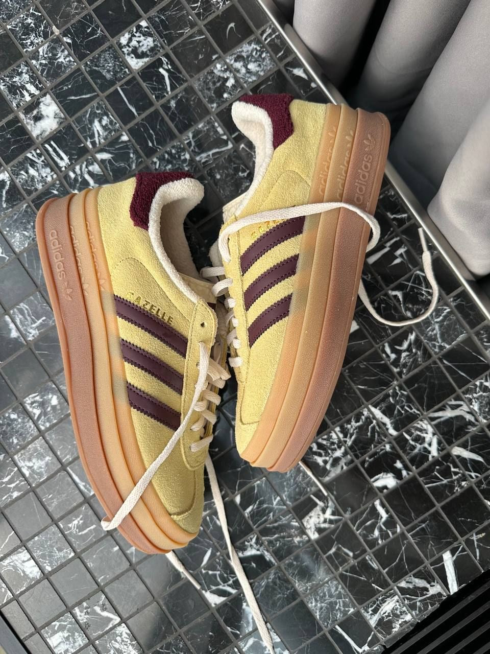 Adidas Gazelle Bold in the "Almost Yellow/Maroon"