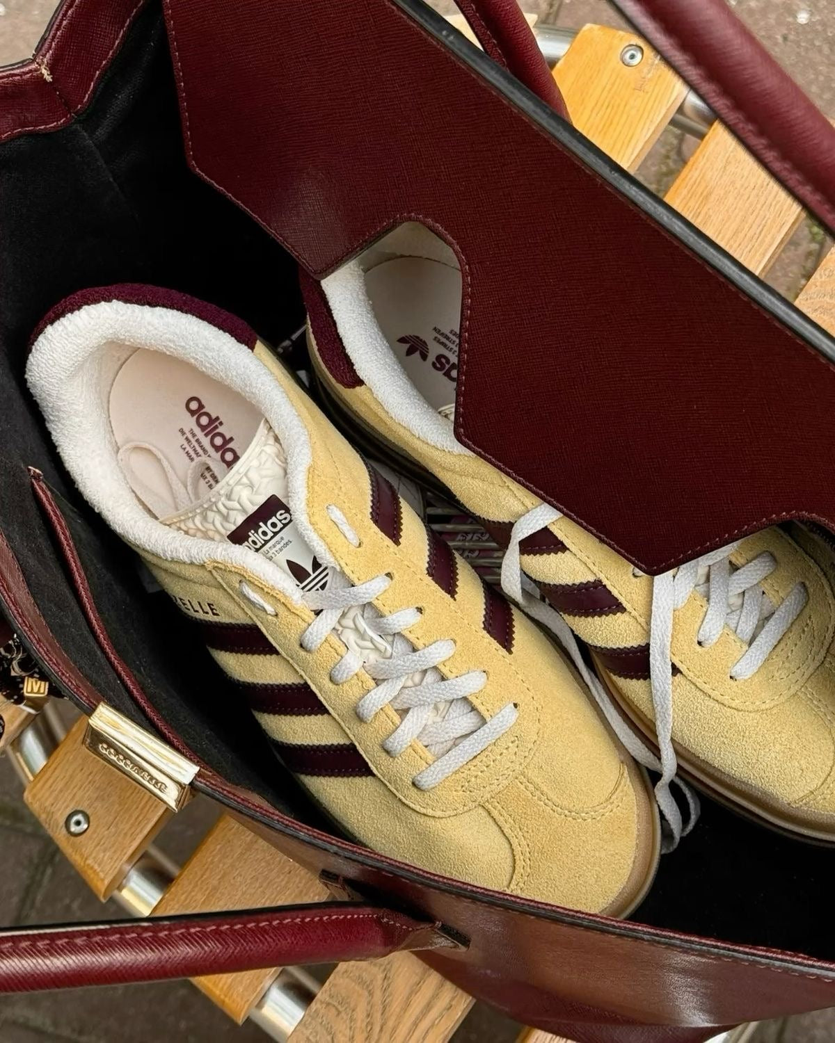 Adidas Gazelle Bold in the "Almost Yellow/Maroon"