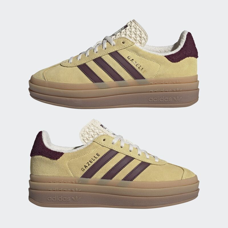 Adidas Gazelle Bold in the "Almost Yellow/Maroon"